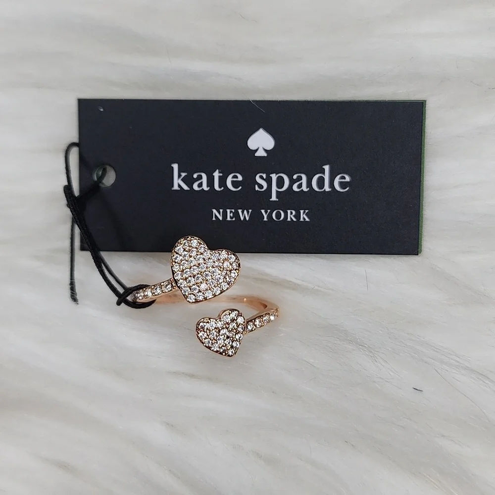 Kate Spade Yours Truly Pave Heart Ring Adjustable Clear/Rosegold - New with Tags
